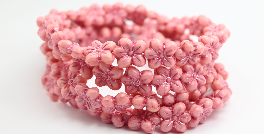 OUTLET 10 grams Flower Pressed Glass Beads, 14 x 12 mm, Opaque Pink Pink Lined (74020-54321), Glass, Czech Republic