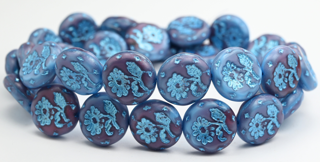 OUTLET 10 grams Round Flat With Flower Marguerite Pressed Glass Beads, 18 x 18 mm, 67713 Blue Lined (67713-54323), Glass, Czech Republic