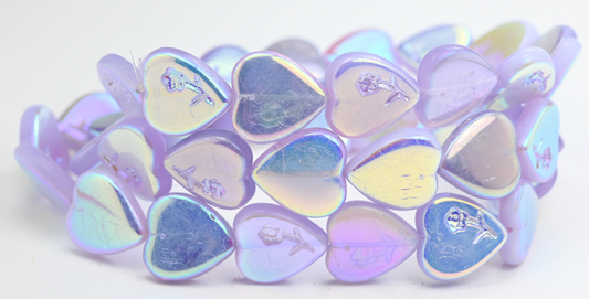 Heart Pressed Glass Beads With Flower, Opal Amethyst Ab 2X (21310-AB-2X), Glass, Czech Republic