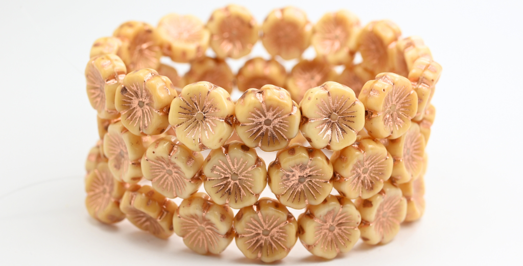 Hawaii Flower Pressed Glass Beads, Mixed Colors Beige Copper Lined (MIX-BEIGE-54200), Glass, Czech Republic