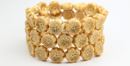 夏威夷花压制玻璃珠，米色金色混色 (MIX-BEIGE-54202)，玻璃，捷克共和国