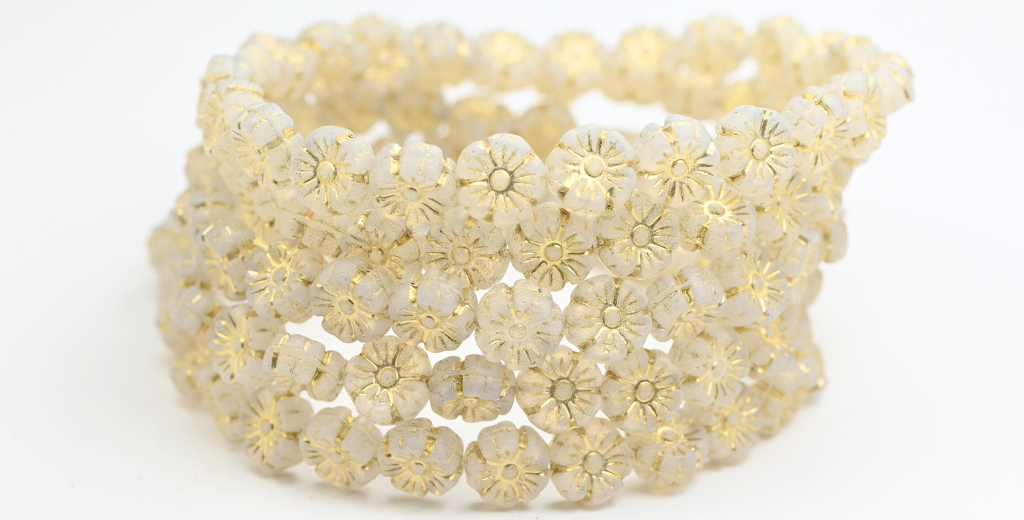 Hawaii Flower Pressed Glass Beads, Opal White Gold Lined (01000-54202), Glass, Czech Republic ~ STRANDED