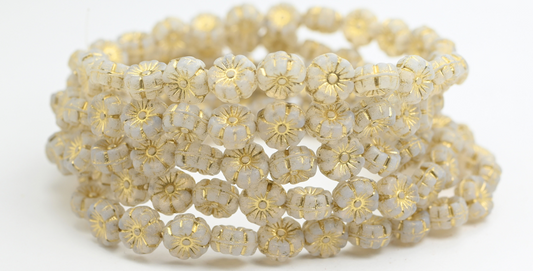 アウトレット 10グラム ハワイアンフラワービーズ、8 x 8 mm、オパールホワイトゴールドライニング（01000-54202）、ガラス、チェコ共和国