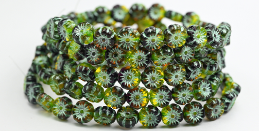 ハワイの花の押しガラスビーズ、透明イエローグリーンの裏地付き（8004020080-54322）、ガラス、チェコ共和国