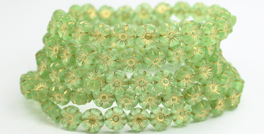 ハワイアンフラワー プレスガラスビーズ 透明グリーンゴールドライン (50500FM-54202) ガラス製 チェコ共和国