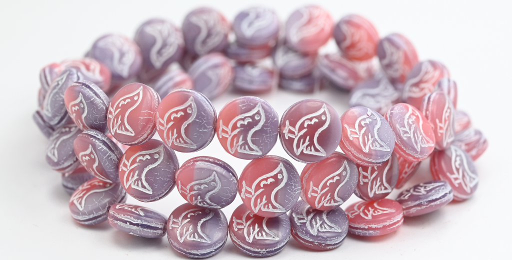 OUTLET 10 grams Round Coin With Bird, 11 x 11 mm, Opaque Pink White Lined (7402024020-46401), Glass, Czech Republic