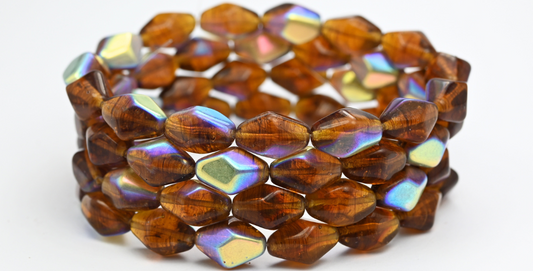 旋盤加工された双円錐形のプレスビーズ、透明ブラウンAB（10210-AB）、ガラス、チェコ共和国