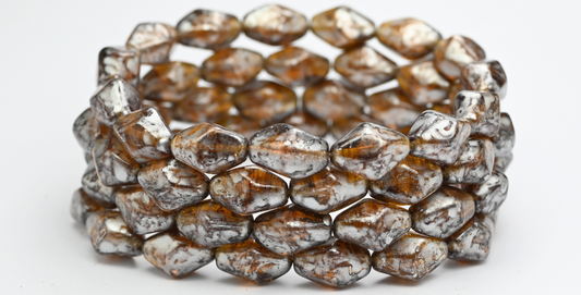 Turned Bicone Pressed Beads, Transparent Brown Silver Splash (10210-86700), Glass, Czech Republic
