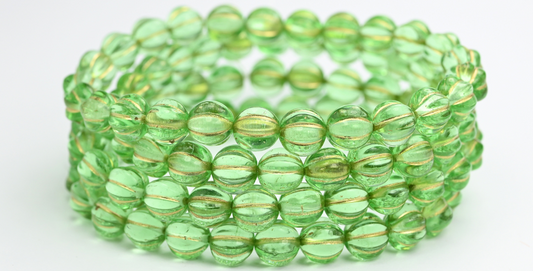 メロン丸型プレスガラスビーズ（ストライプ入り）、透明グリーンゴールドライン（50500-54202）、ガラス、チェコ共和国