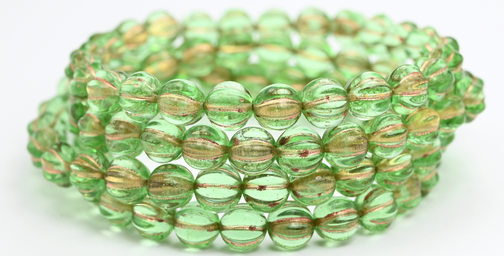 Melon Round Pressed Glass Beads With Stripes, Transparent Green Copper Lined (50500-54200), Glass, Czech Republic