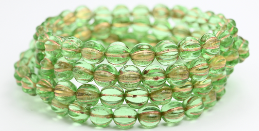 Melon Round Pressed Glass Beads With Stripes, Transparent Green Copper Lined (50500-54200), Glass, Czech Republic