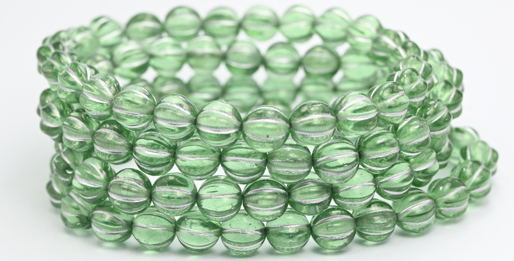 メロン丸型プレスガラスビーズ（ストライプ入り）、透明グリーン、シルバーライン入り（50500-54201）、ガラス、チェコ共和国