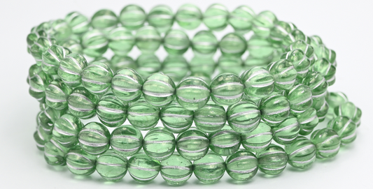 メロン丸型プレスガラスビーズ（ストライプ入り）、透明グリーン、シルバーライン入り（50500-54201）、ガラス、チェコ共和国