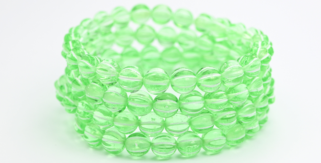 メロン丸型プレスガラスビーズ（ストライプ入り）、透明グリーンホワイトライン入り（50500-46401）、ガラス、チェコ共和国