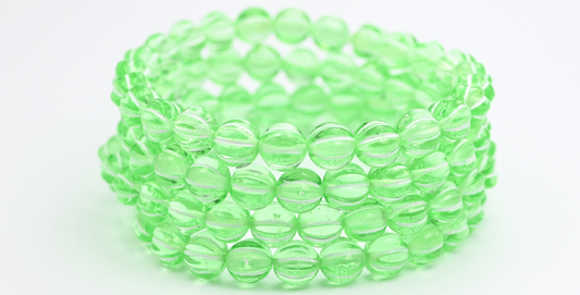 メロン丸型プレスガラスビーズ（ストライプ入り）、透明グリーンホワイトライン入り（50500-46401）、ガラス、チェコ共和国