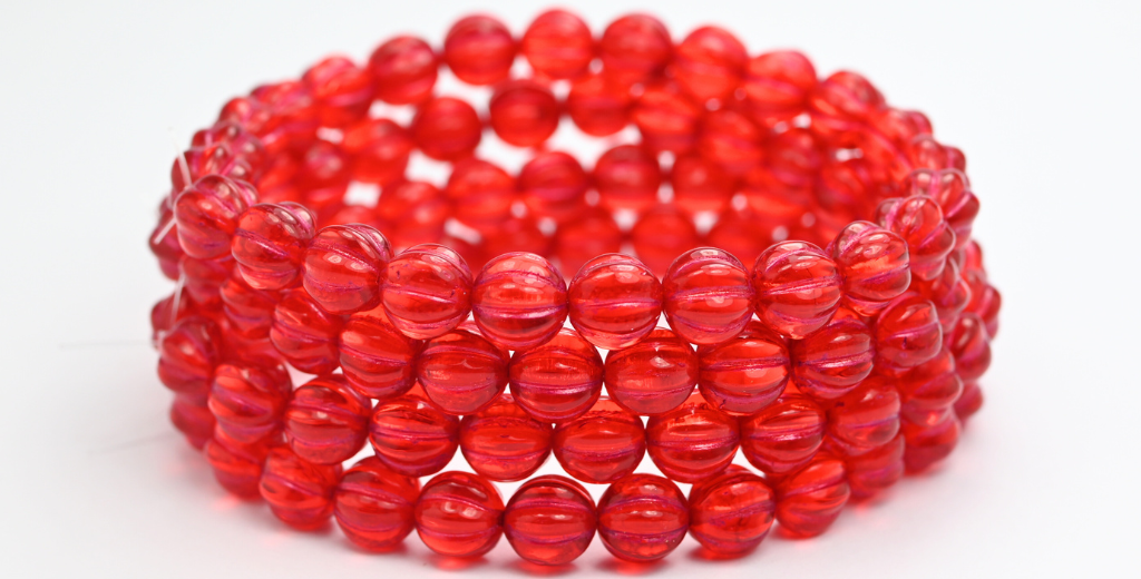 Melon Round Pressed Glass Beads With Stripes, Ruby Red 54570 (90080-54570), Glass, Czech Republic