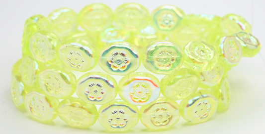Oval Pressed Glass Beads With Flowers, Transparent Yellow Ab 2X (80130-AB-2X), Glass, Czech Republic