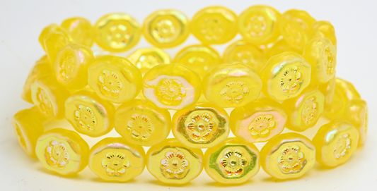 楕円形の押しガラスビーズ（花付き）、透明イエローAB 2X（80030-AB-2X）、ガラス、チェコ共和国
