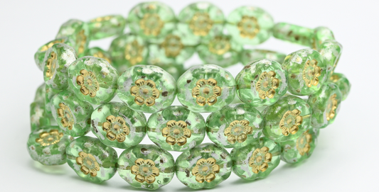 椭圆形压制玻璃珠，花朵图案，透明绿银溅金内衬 (50800-86700-54202)，玻璃，捷克共和国