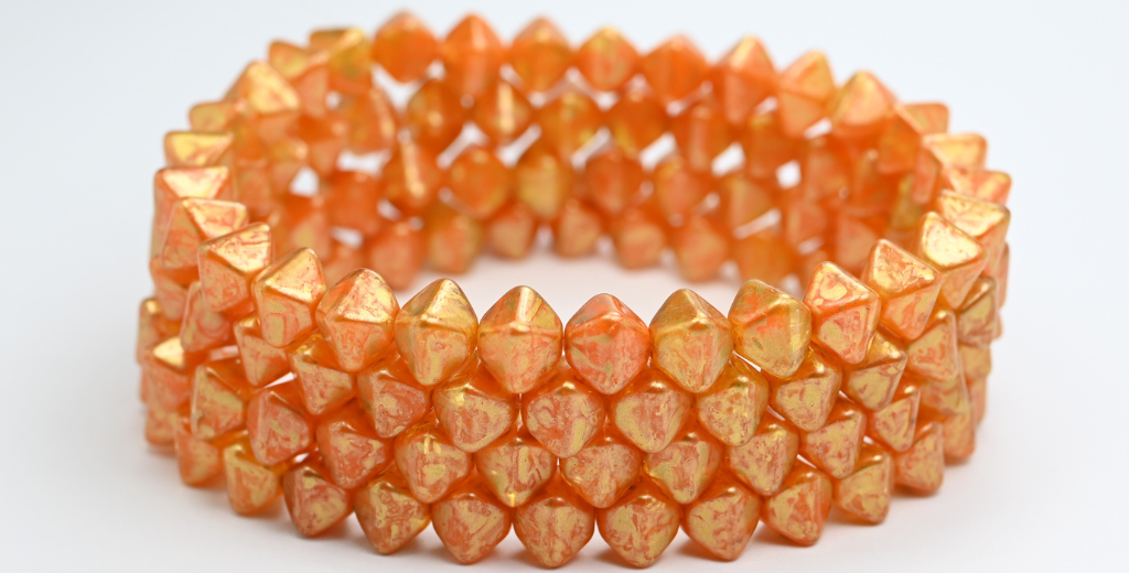 Flattened Bicone Pressed Beads, Orange Gold Splash (81240-86720), Glass, Czech Republic
