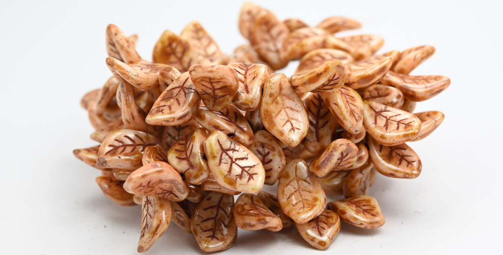 Ovate Leaf Pressed Glass Beads, White Travertin Luster Brown Full Coated (02010-86800-14413), Glass, Czech Republic