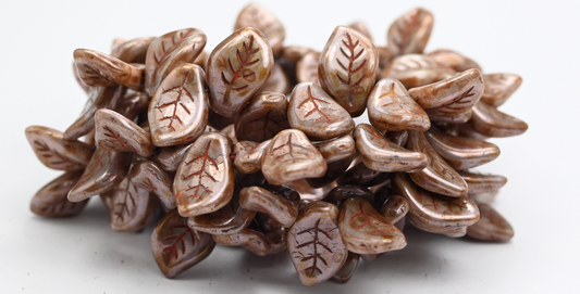 Ovate Leaf Pressed Glass Beads, White Travertin 14458 (02010-86800-14458), Glass, Czech Republic