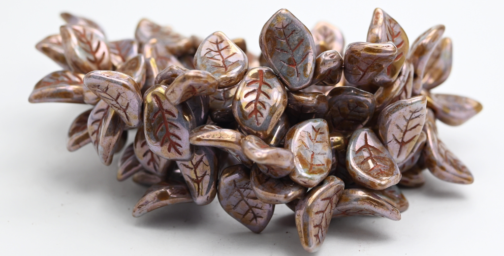 Ovate Leaf Pressed Glass Beads, White Travertin Luster Blue Full Coated (02010-86800-14464), Glass, Czech Republic