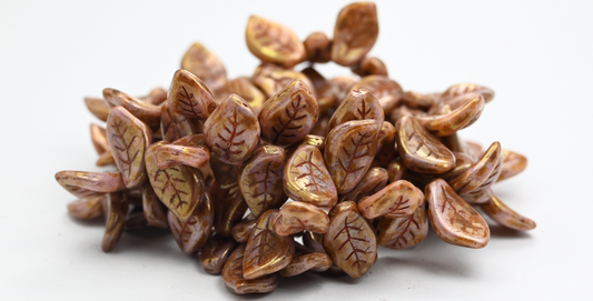 Ovate Leaf Pressed Glass Beads, White Travertin Luster Lila (02010-86800-14494), Glass, Czech Republic