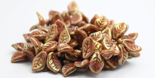 Ovate Leaf Pressed Glass Beads, White Travertin Luster Red Full Coated (02010-86800-14495), Glass, Czech Republic