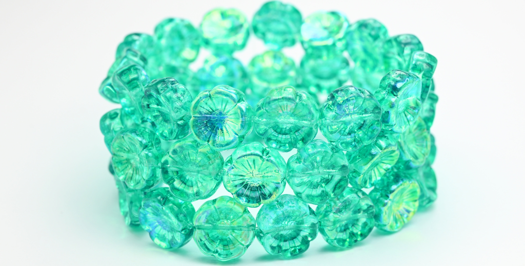 Hawaii Flower Pressed Glass Beads, Crystal Light Turquoise Ab (00030-34309-AB), Glass, Czech Republic