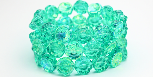 Hawaii Flower Pressed Glass Beads, Crystal Light Turquoise Ab (00030-34309-AB), Glass, Czech Republic