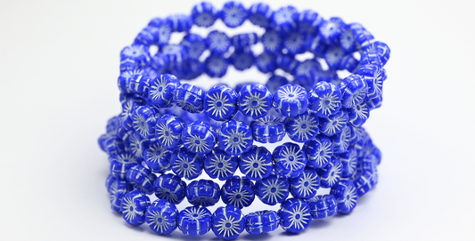 ハワイの花の押しガラスビーズ、不透明ブルーホワイトライン入り（33050-46401）、ガラス、チェコ共和国