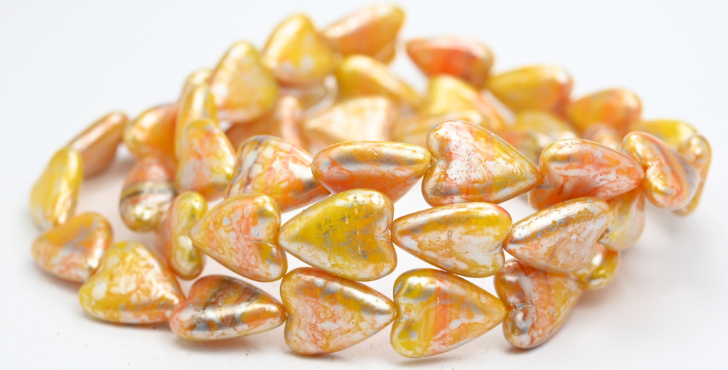 Elongated Heart Beads, Mixed Colors Orange Silver Splash (MIX-ORANGE-86700), Glass, Czech Republic
