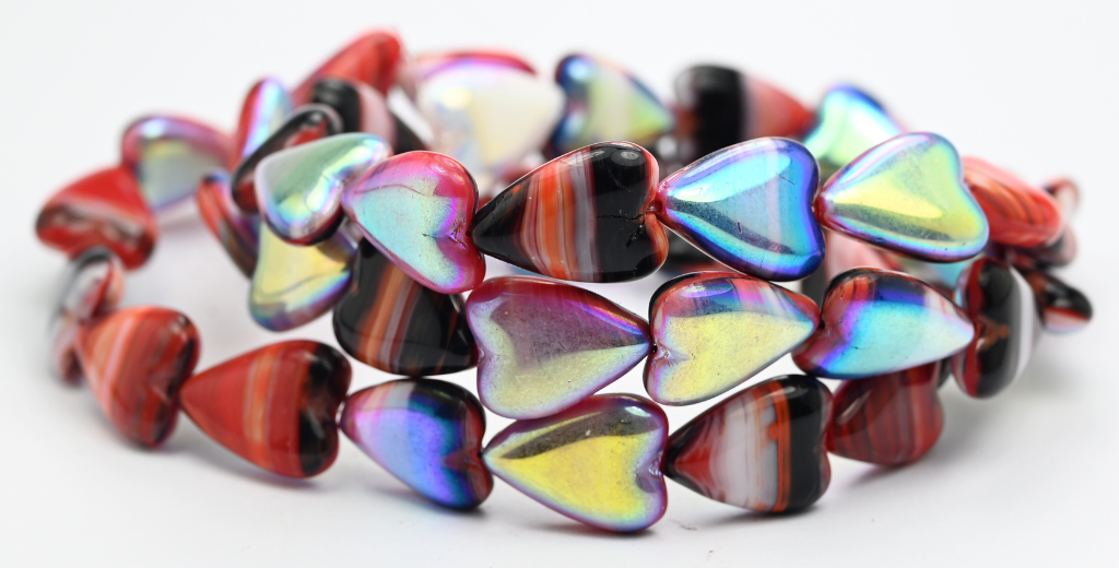 Elongated Heart Beads, Red Stripes Ab (95012-AB), Glass, Czech Republic