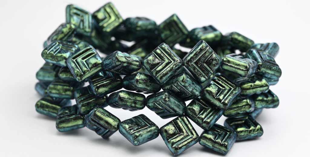 菱形プレスガラスビーズ、黒緑虹彩（23980-86922）、ガラス、チェコ共和国