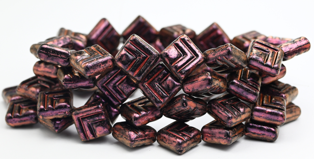 OUTLET 10 grams Rhombus Pressed Glass Beads, 14 x 14 mm, Black Red Iridiscent (23980-86944), Glass, Czech Republic