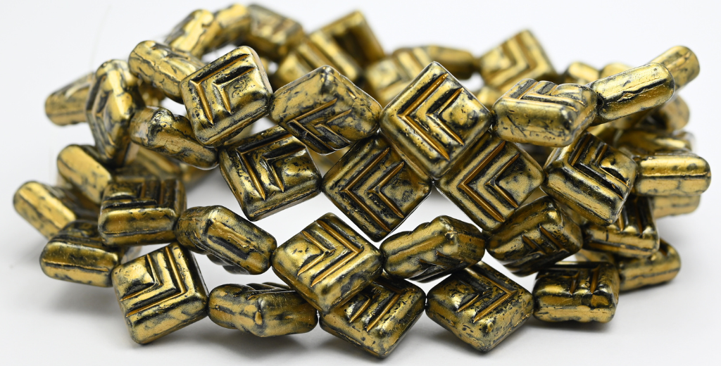 Rhombus Pressed Glass Beads, Black Gold Splash (23980-86720), Glass, Czech Republic