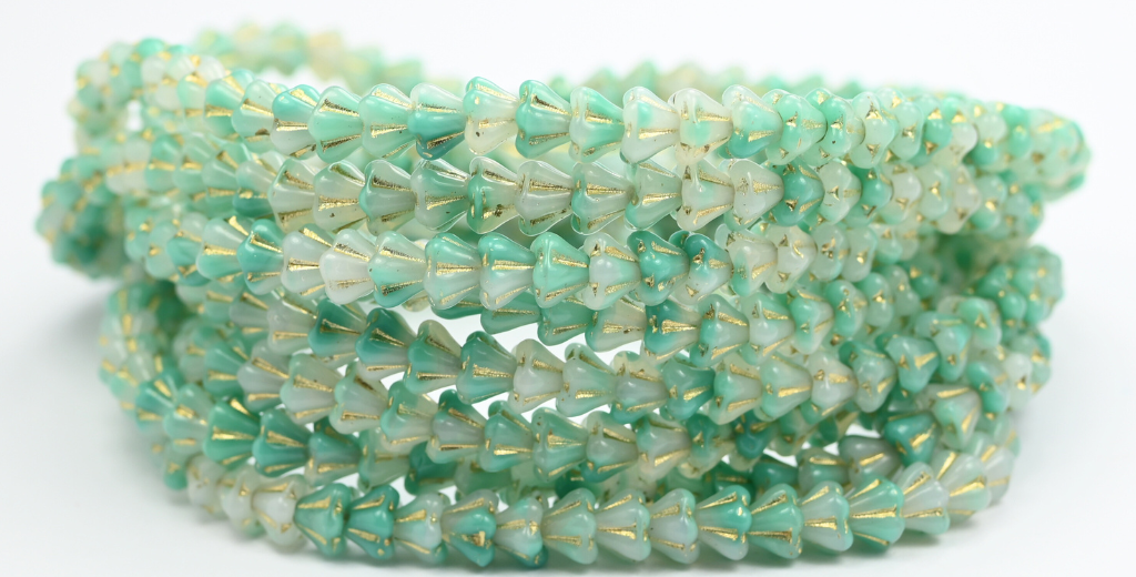 钟花压制玻璃珠，混色绿金内衬 (MIX-GREEN-54202)，玻璃，捷克共和国 ~ STRANDED