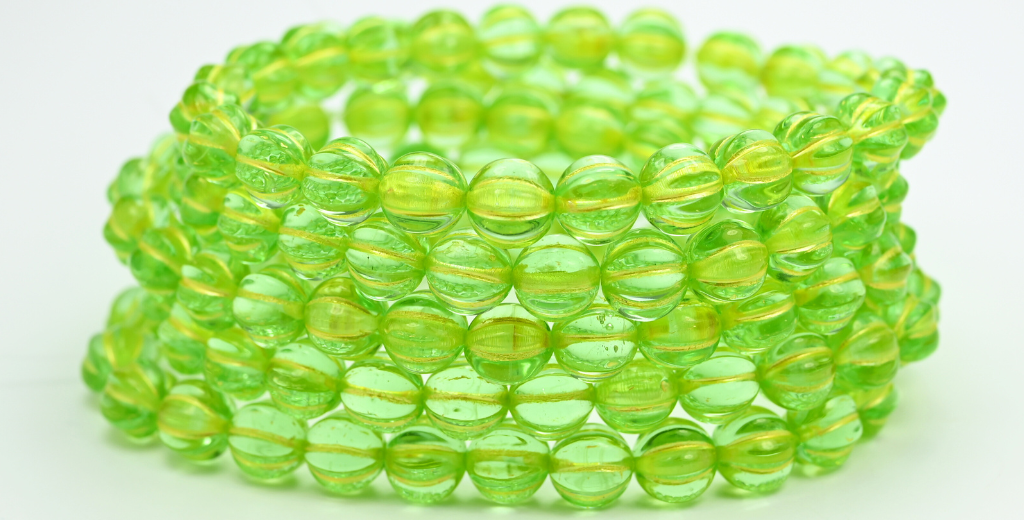 Melon Round Pressed Glass Beads With Stripes, Transparent Green 54320 (50500-54320), Glass, Czech Republic ~ STRANDED