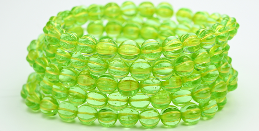 Melon Round Pressed Glass Beads With Stripes, Transparent Green 54320 (50500-54320), Glass, Czech Republic ~ STRANDED