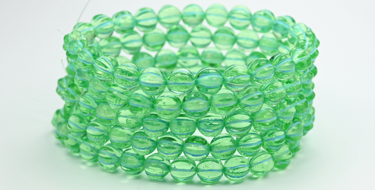 Melon Round Pressed Glass Beads With Stripes, Transparent Green Light Blue Lined (50500-54308), Glass, Czech Republic ~ STRANDED