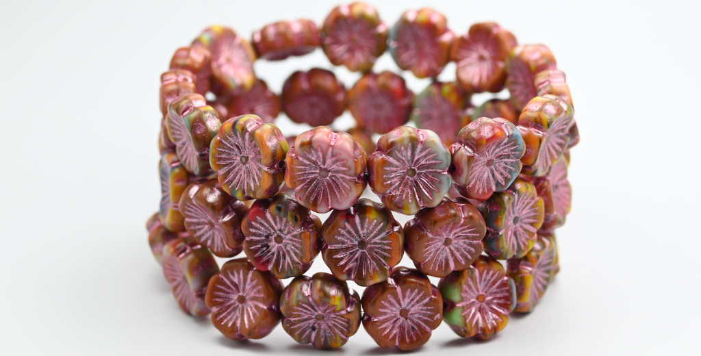 ハワイアンフラワー プレストガラスビーズ ミックスカラー ブラウン ピンクライン入り (MIX-BROWN-54321) ガラス チェコ共和国 ~ STRANDED