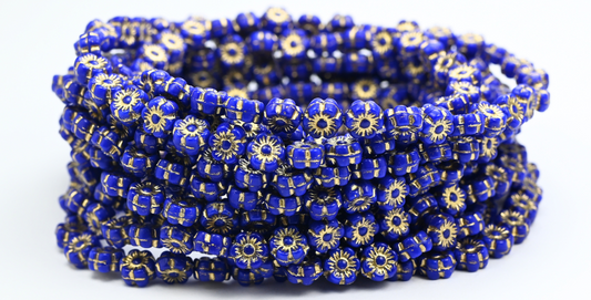 奥特莱斯 10克夏威夷花珠，6 x 6毫米，不透明蓝色金线（33050-54202），玻璃，捷克共和国