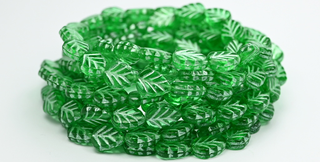 ライラックリーフプレスガラスビーズ、50600グリーンライン（50600-54322）、ガラス、チェコ共和国〜STRANDED