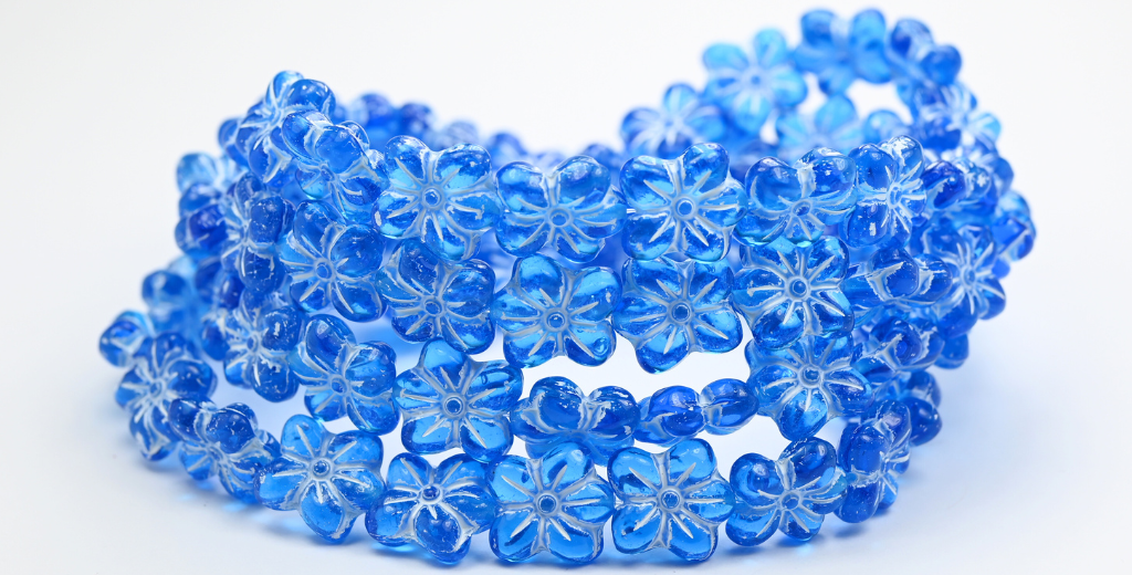 フラワープレスガラスビーズ、透明アクアホワイトライン入り（60040-46401）、ガラス、チェコ共和国～STRANDED