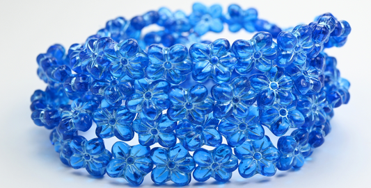Flower Pressed Glass Beads, Transparent Aqua Blue Lined (60040-54323), Glass, Czech Republic ~ STRANDED