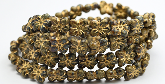 フラワープレスガラスビーズ、ミックスカラーブラウントラバーチンゴールドライン（MIX-BROWN-86800-54202）、ガラス、チェコ共和国～STRANDED