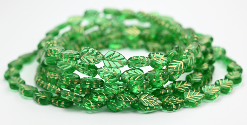 ライラックリーフプレスガラスビーズ、50600ゴールドライン（50600-54202）、ガラス、チェコ共和国～STRANDED
