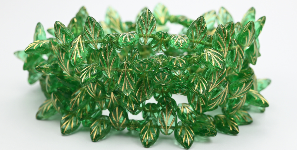 リーフプレスビーズ、透明グリーンゴールドライン（50800-54202）、ガラス、チェコ共和国～STRANDED