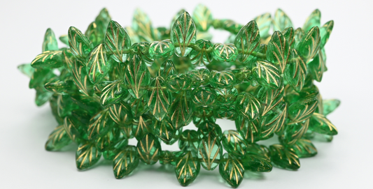 リーフプレスビーズ、透明グリーンゴールドライン（50800-54202）、ガラス、チェコ共和国～STRANDED